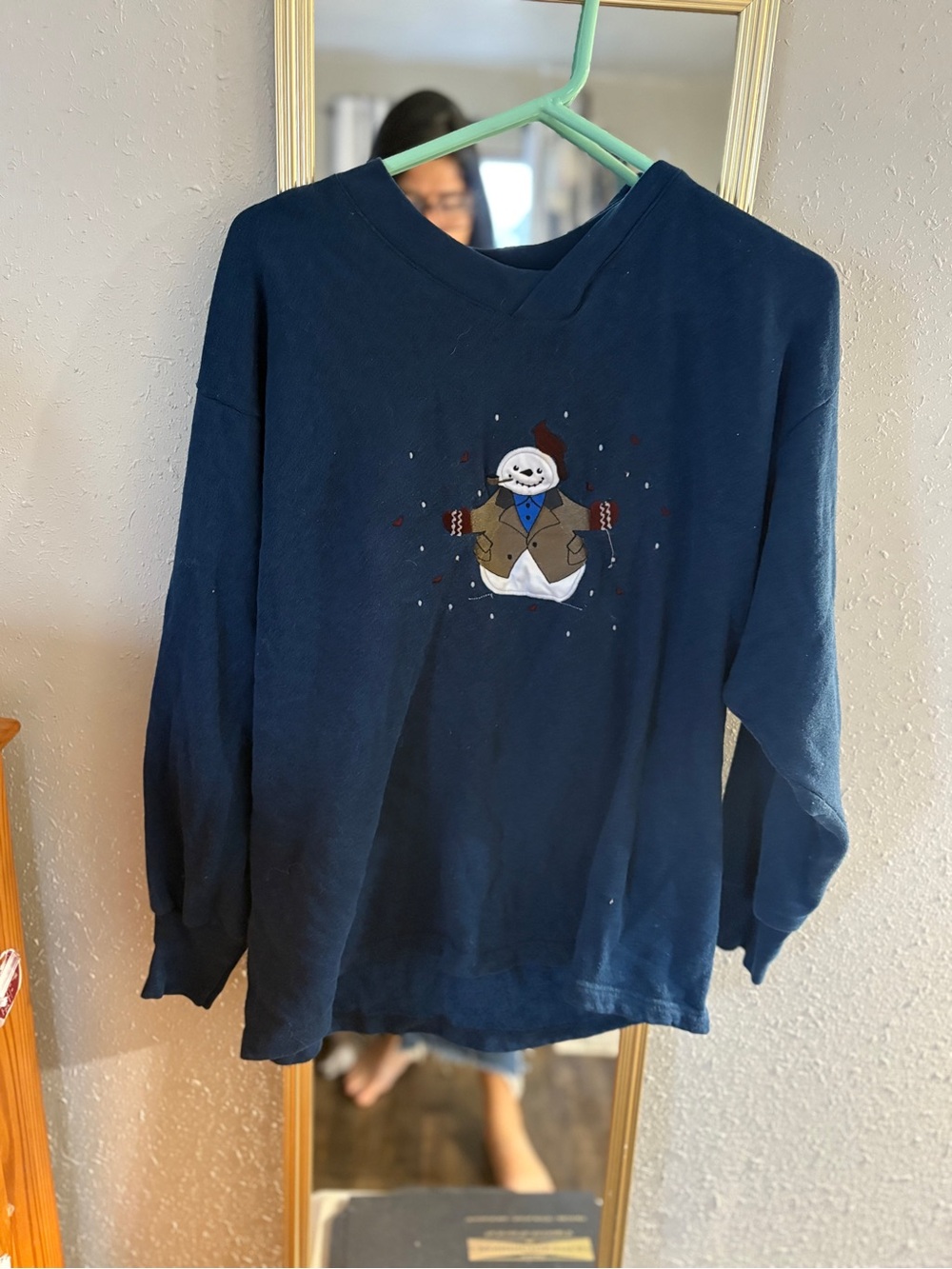 Vintage Navy V-Neck Snowman Pullover Sweater